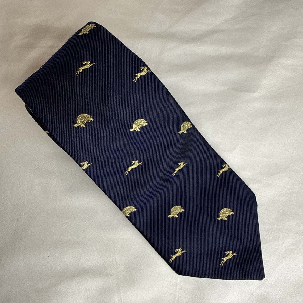 Kent & Curwen Tie Silk Made in England Crest Dark Blue Gold Handmade Turtle Hare